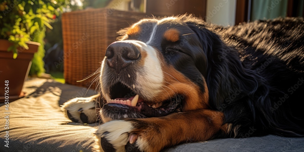 Obraz premium bernese mountain dog sleeping on a cozy sofa in a living room, natural sunlight