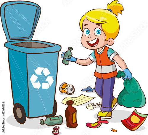 Kids clean up garden or park from garbage, volunteers collecting plastic bottles and cans