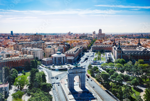 Triumphal Arch of Victory over Madrid cityscape panorama, Spain photo
