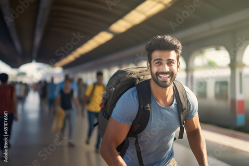Indian traveler running on railway station while missed train