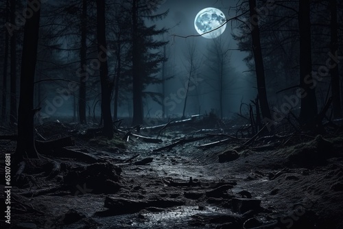Fotobehang A creepy dark night with a full moon in the forest