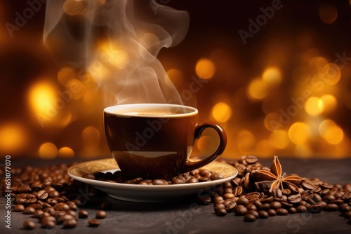 magic photo  postcard. A brown cup of coffee on the table and coffee beans  lights