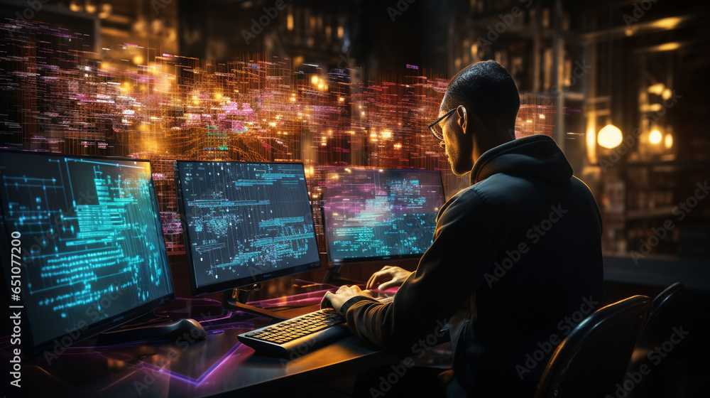 Programmer with AI-assisted code optimization on holographic screen Programmer with AI-assisted code optimization on holographic screen
