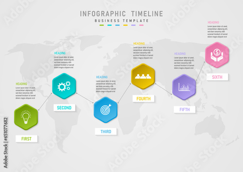 Infographic 6 steps business options hexagonal multi-colored line in the middle with icons, lines and dots in between, bottom square with letters on top, map text on bottom, gray gradient background.