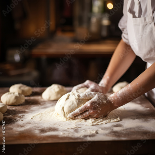 Female chef is kneading dough on a wooden table in kitchen