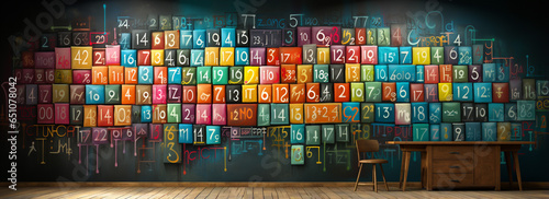 writing on the blackboard and office materials with educational items on the desk photo