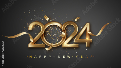 New year 2024 celebrations with gold realistic metal number. Premium Vector Design for Happy New Year and Christmas greetings.