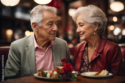 Happy senior couple sitting at restaurant or cafe and looking at each other. Romantic dinner on Valentine's day