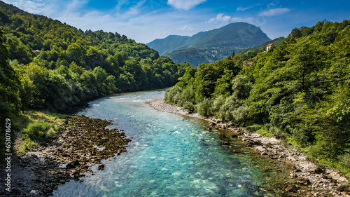 Fényképezés Aerial drone view of valley of the Drina river in Bosnia and Herzegovina in sunny weather