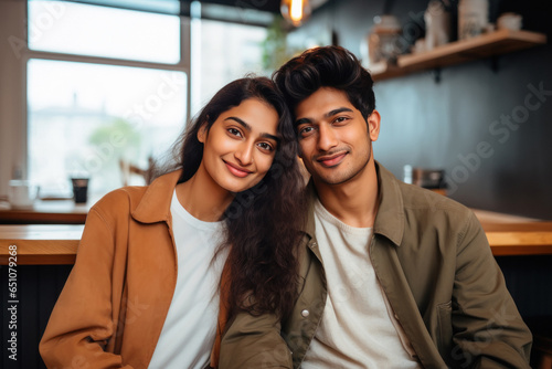 Young indian couple giving happy expression together at home.