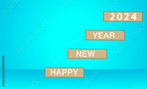 Happy new year 2024 new year celebrations on wooden blocks and Curved line arrow rising jump step up the stair blocks 2024 on the top block on sky blue background. photo