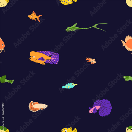 Tropical sea fishes, seamless pattern. Endless exotic marine background. Cute...