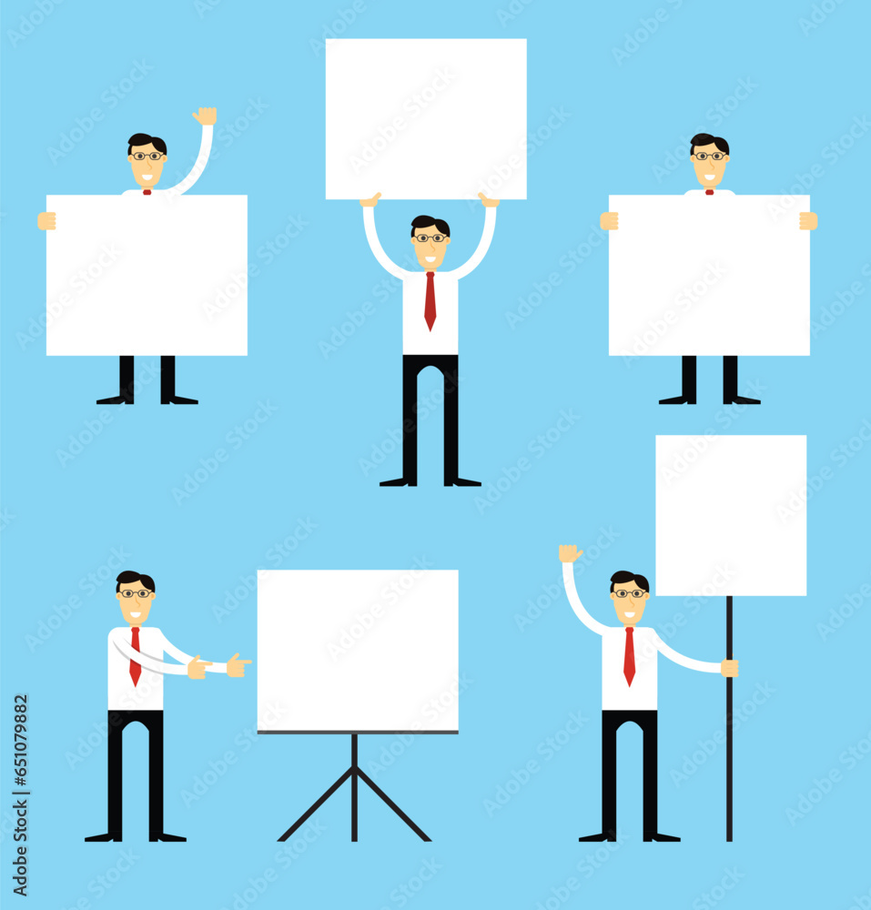 Businessman with Glasses Showing Sign Banner Set Copy Space. Doing business topic vector art. Businessman with Glasses Showing Sign Banner Set Copy Space. Doing business topic vector art.