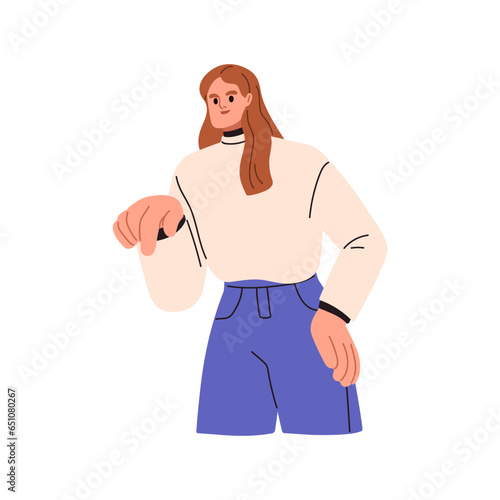 Woman pointing down, showing with finger. Person gesturing with hand, indicating, advertising, presenting and choosing something with forefinger. Flat vector illustration isolated on white background
