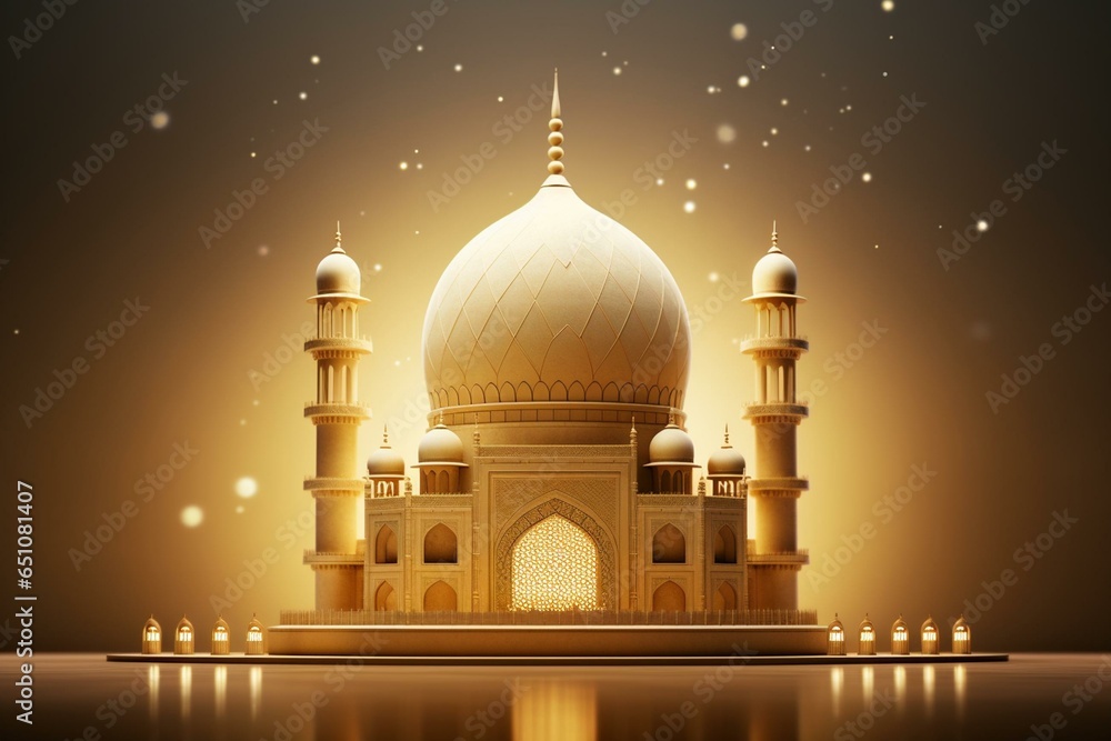 A white mosque with a golden moon on the dome, serving as an Islamic style banner for product display and a beautiful Muslim invitation. Eid Mubarak! A serene religion background. Generative AI