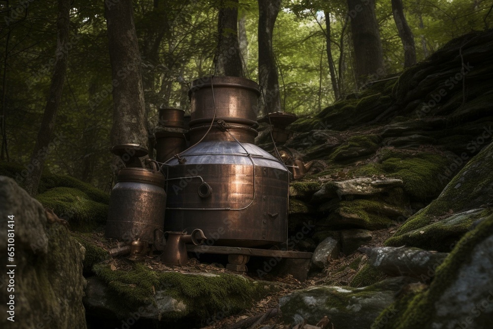 A rustic moonshine still with stone, copper, barrels, and a nearby stream in a mossy forest. Generative AI - obrazy, fototapety, plakaty 