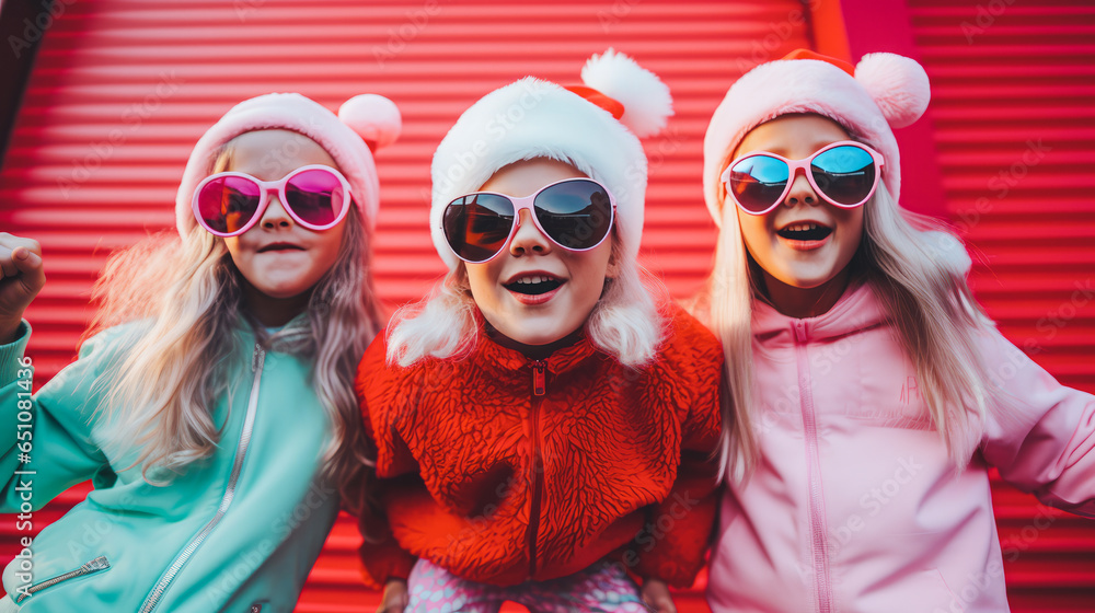 Three little charming cheerful children pose in Santa Claus costumes in a festive mood on the street in front of a solid red garage door. Generative AI. Three little charming cheerful children pose in Santa Claus costumes in a festive mood on the street in front of a solid red garage door. Generative AI.