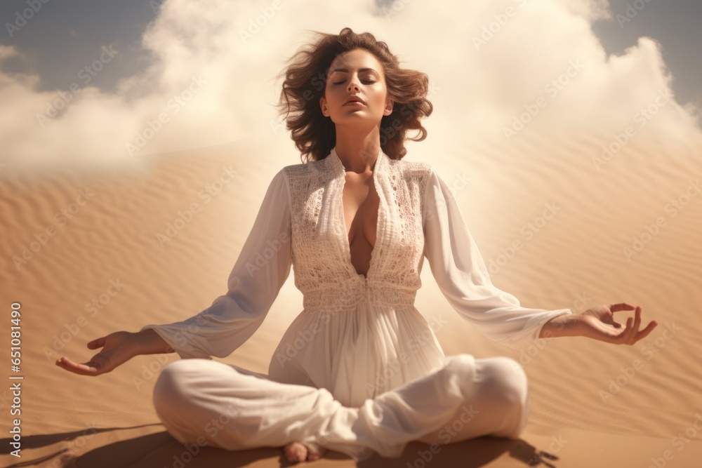 Portrait gorgeous young relaxed happy female woman lady practicing yoga lotus pose mindful meditation desert sand closed eyes. Wellbeing soul peace calm health care breathing exercise mental health