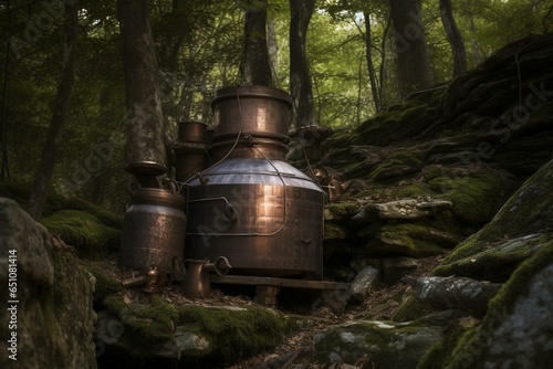 A rustic moonshine still with stone, copper, barrels, and a nearby stream in a mossy forest. Generative AI photo