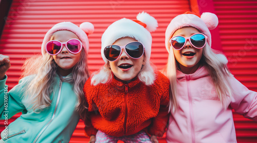 Three little charming cheerful children pose in Santa Claus costumes in a festive mood on the street in front of a solid red garage door. Generative AI.