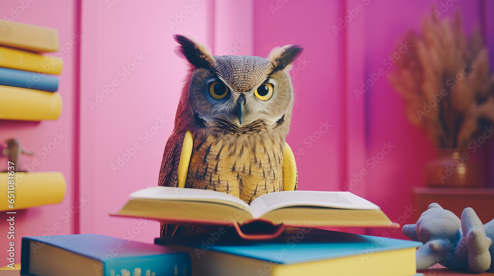 Cute owl reading a book in its colorful home. Calming and peaceful atmosphere. Generative AI.