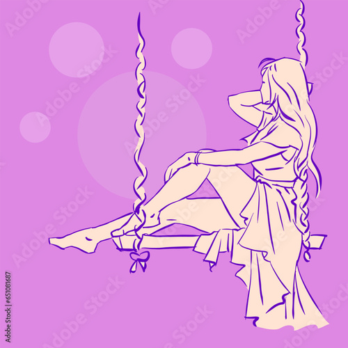 girl with swing in purple vector for card decoration illustration