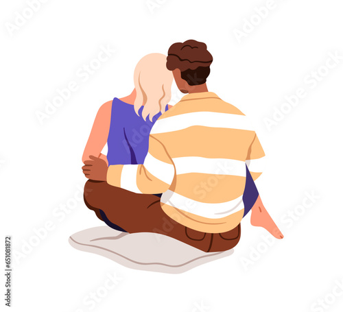 Love couple sitting together and hugging, back rear view. Young romantic man ...