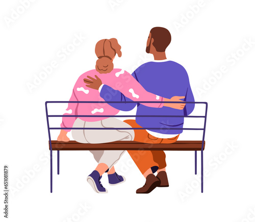 Love couple sitting on bench, hugging, back view. Man and woman embracing from behind. Romantic male and female valentines together. Flat graphic vector illustration isolated on white background