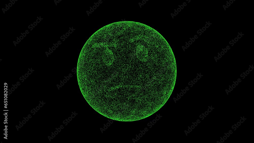 Obraz premium 3D sad ball on black bg. Object dissolved green flickering particles. Business advertising backdrop. Science concept. For title, text, presentation. 3D animation