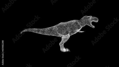 3D dinosaur t-rex on black bg. Object dissolved white flickering particles. Business advertising backdrop. Science concept. For title  text  presentation. 3D animation
