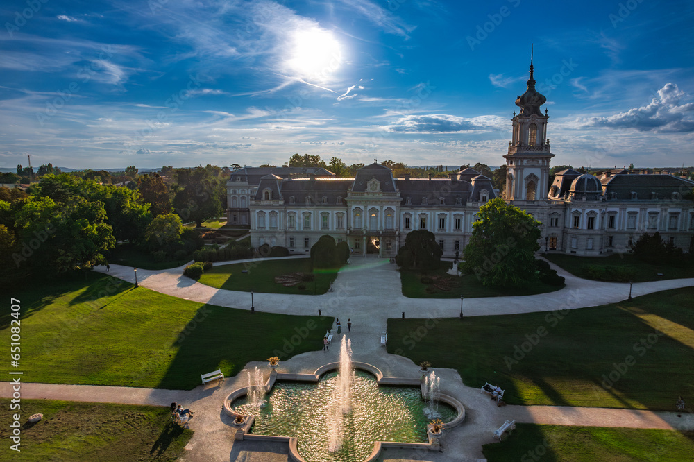 Fototapeta premium Aerial drone view of The Festetics Palace, Baroque palace located in the Keszthely, Zala, Hungary.