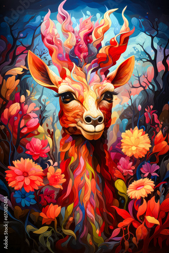Image of deer in colorful forest with flowers.