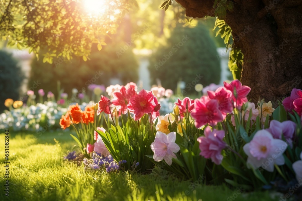 Fresh spring garden with blooming colorful flowers and soft sunlight. Generative AI
