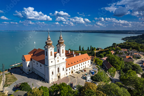 Tihany, Hungary - Aerial panoramic view of the famous Benedictine Monastery of Tihany, Lake Balaton photo