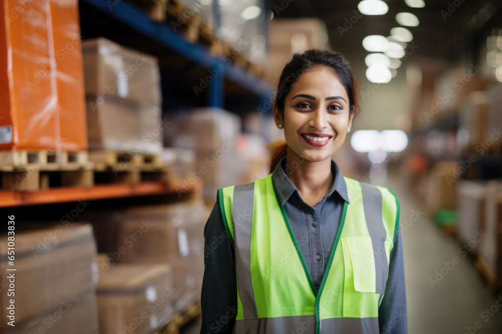 portrait of a smiling logistician working in a warehouse full of boxes, packages and pallets portrait of a smiling logistician working in a warehouse full of boxes, packages and pallets