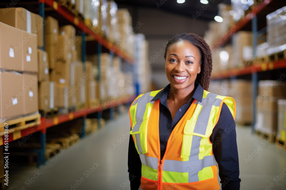 portrait of a smiling logistician working in a warehouse full of boxes, packages and pallets portrait of a smiling logistician working in a warehouse full of boxes, packages and pallets