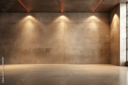 Empty loft with polished concrete floor and wall, decorated with warm hidden ceiling lights. Generative AI