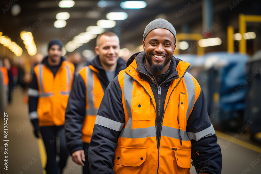 Group of men in orange vests walking together in warehouse. - obrazy, fototapety, plakaty 