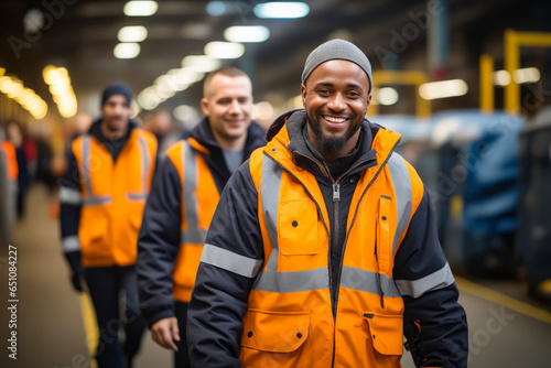 Group of men in orange vests walking together in warehouse.