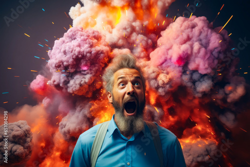 Man with beard and backpack in front of large explosion of smoke.