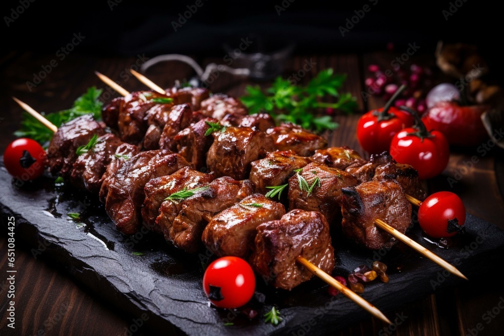 Grilled meat skewers on dark backdrop. Generative AI