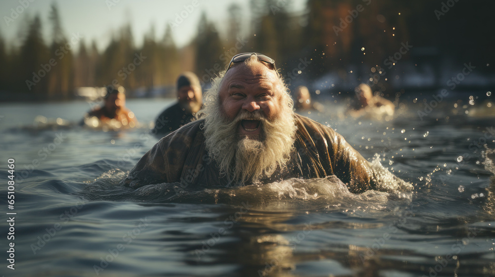 Portrait of an old overweight man with a long beard with group of friends swim in cold winter water. - obrazy, fototapety, plakaty 