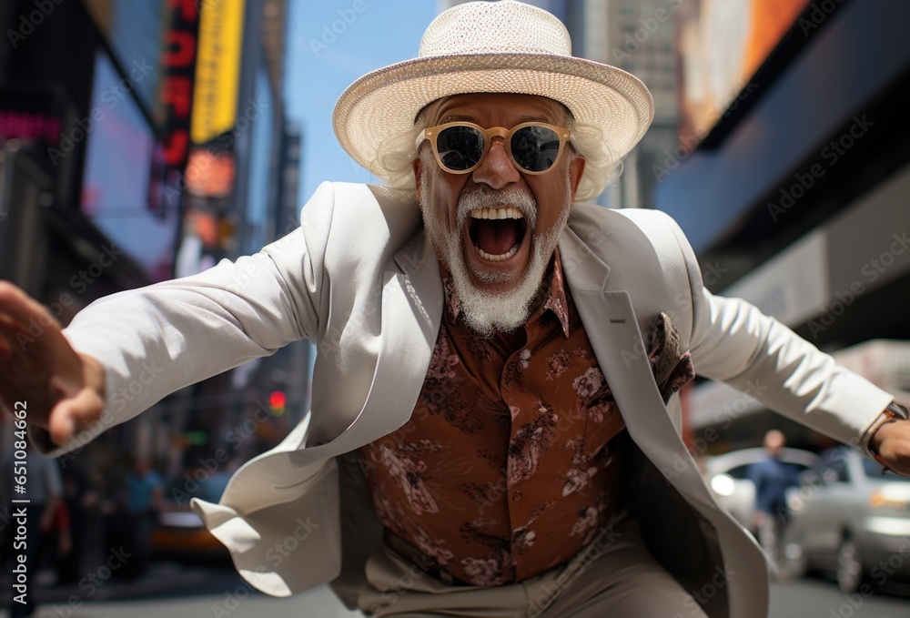 Fototapeta premium An elderly, happy man dances on a city street, donning a hat and suit, celebrating life with joy and style.
