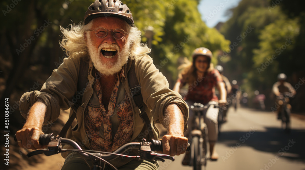 An elderly, joyful cyclist leads a group, setting the pace with enthusiasm and shared outdoor adventure.