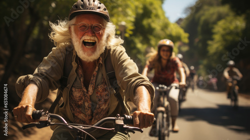 An elderly, joyful cyclist leads a group, setting the pace with enthusiasm and shared outdoor adventure.