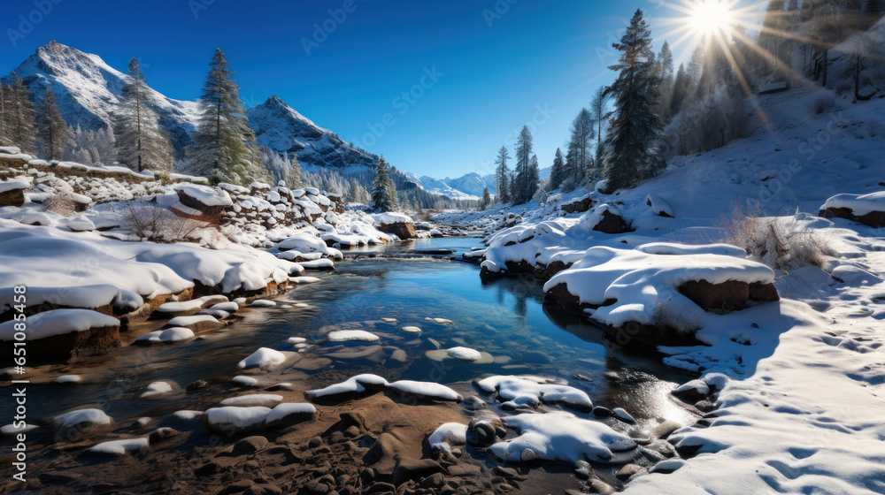Beautiful winter landscape with mountain river and snow-covered forest.