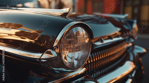 Closeup of custom built vintage looking automobile hot rod gas guzzler with shiny chrome fenders and bumper guards polished to reflective perfection, preserving the look of a cherished car era gone by