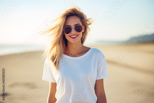 Woman with sunglasses on walking on the beach with her hair in the wind.
