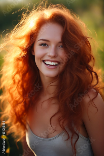 Woman with red hair smiling and looking at the camera. © valentyn640