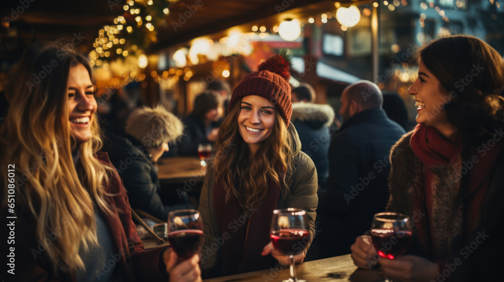 Group of female friends having fun on a Christmas market, drinking red wine. - obrazy, fototapety, plakaty 